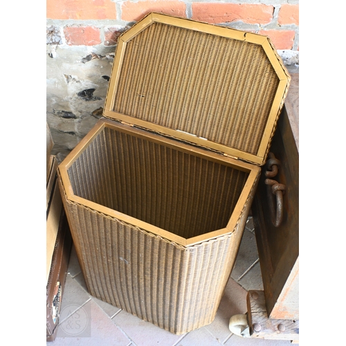 31 - A stack of five assorted vintage travel cases to/w a Lloyd Loom 'Lusty' laundry bin, gold