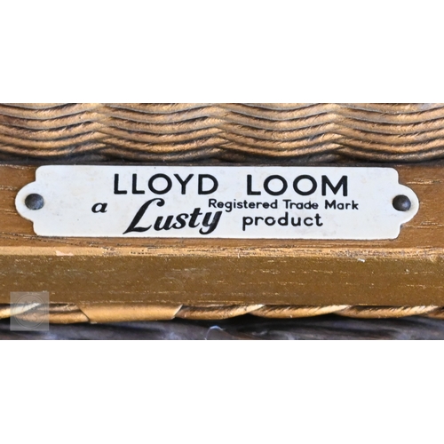 31 - A stack of five assorted vintage travel cases to/w a Lloyd Loom 'Lusty' laundry bin, gold