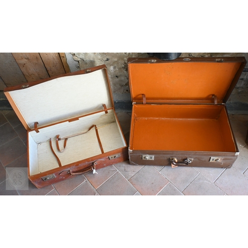 31 - A stack of five assorted vintage travel cases to/w a Lloyd Loom 'Lusty' laundry bin, gold