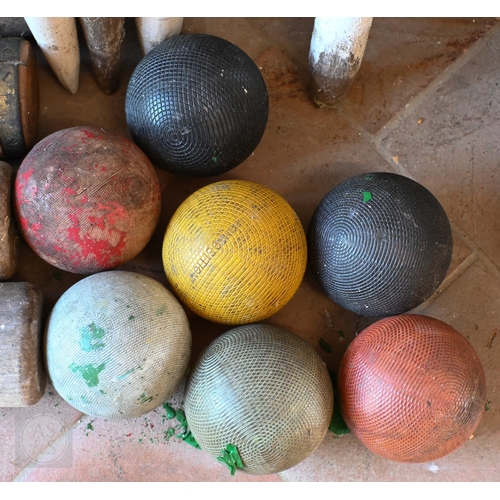 32 - Eight assorted vintage croquet mallets including Jacques and Slazenger to/with a quantity of iron ho... 