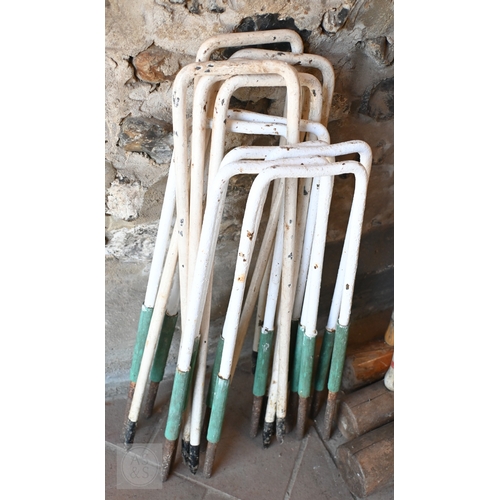 32 - Eight assorted vintage croquet mallets including Jacques and Slazenger to/with a quantity of iron ho... 