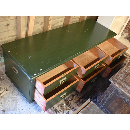 38 - A green painted low chest of 6 drawers, suitable as a window seat or coffee table, 162 cm x 54.5 cm ... 