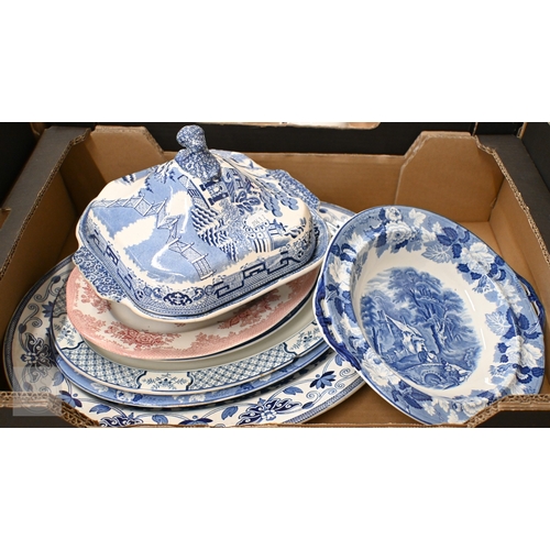 429 - Various blue and white pottery tableware including tureen and cover, meat dishes etc (box)