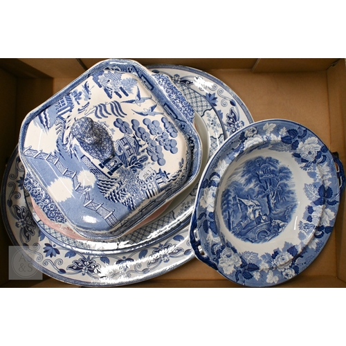 429 - Various blue and white pottery tableware including tureen and cover, meat dishes etc (box)
