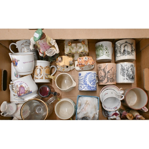 431 - A Staffordshire pottery Scottish fish-seller to/w three pottery cottage pastille burners, a Belleek ... 