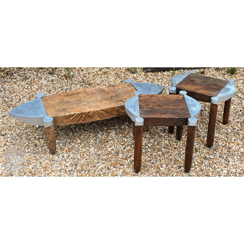 45 - Andrew Webb, a trio of aluminium mounted aeronautical inspired occasional tables, pine, the largest ... 