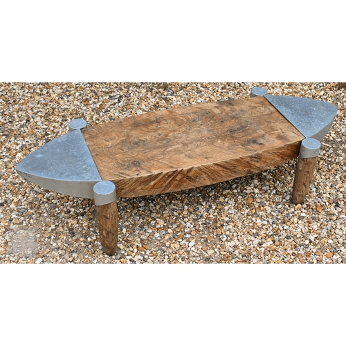 45 - Andrew Webb, a trio of aluminium mounted aeronautical inspired occasional tables, pine, the largest ... 