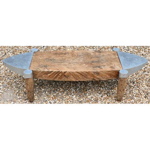 45 - Andrew Webb, a trio of aluminium mounted aeronautical inspired occasional tables, pine, the largest ... 