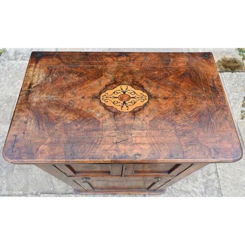46 - A Victorian inlaid walnut music cabinet, with cupboards and single full width drawer, 67 cm x 100.5 ... 