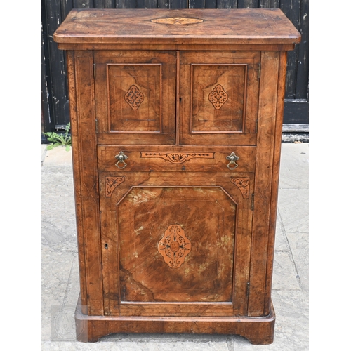 46 - A Victorian inlaid walnut music cabinet, with cupboards and single full width drawer, 67 cm x 100.5 ... 