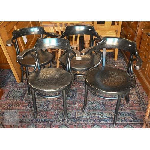 48 - Six various ebonised Thonet style bentwood elbow chairs, four with patterned seats, a/f (6)