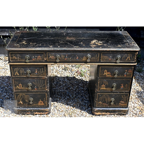 53 - A Chinoiserie painted twin nine drawer pedestal desk, very distressed surface finish, early 20th cen... 