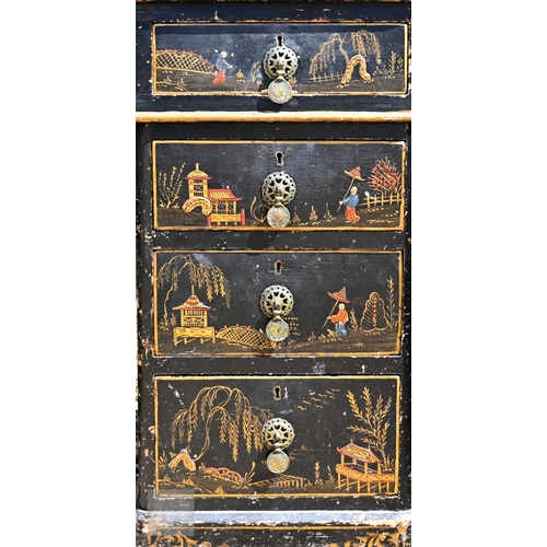 53 - A Chinoiserie painted twin nine drawer pedestal desk, very distressed surface finish, early 20th cen... 