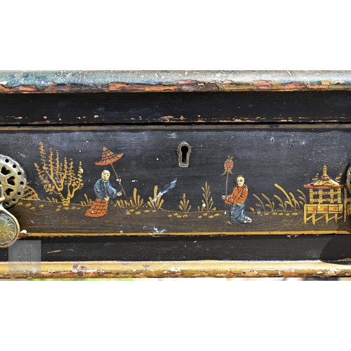53 - A Chinoiserie painted twin nine drawer pedestal desk, very distressed surface finish, early 20th cen... 