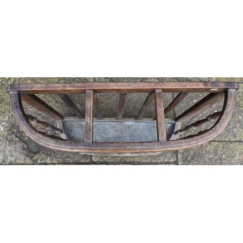 54 - An antique oak demi-lune form three division stick stand, with turned spindles and zinc drip tray, 8... 