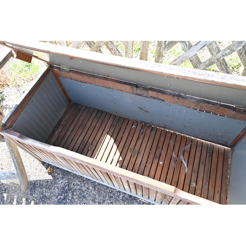 6 - A weathered teak lattice back box bench to/with a pair of folding teak chairs, all a/f (3)