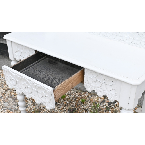 44 - An antique carved oak bureau later painted pale grey, with carved lion mask drawer pulls and 3/4 gal... 