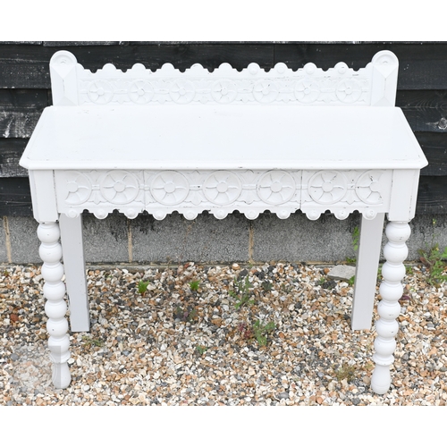 44 - An antique carved oak bureau later painted pale grey, with carved lion mask drawer pulls and 3/4 gal... 