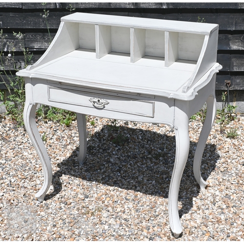 55 - A continental pale grey distress painted writing desk frieze drawer, raised on cabriole legs, 94 cm ... 