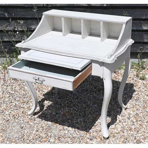 55 - A continental pale grey distress painted writing desk frieze drawer, raised on cabriole legs, 94 cm ... 