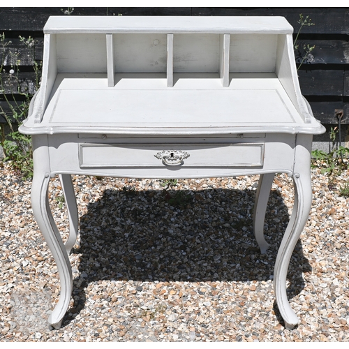 55 - A continental pale grey distress painted writing desk frieze drawer, raised on cabriole legs, 94 cm ... 