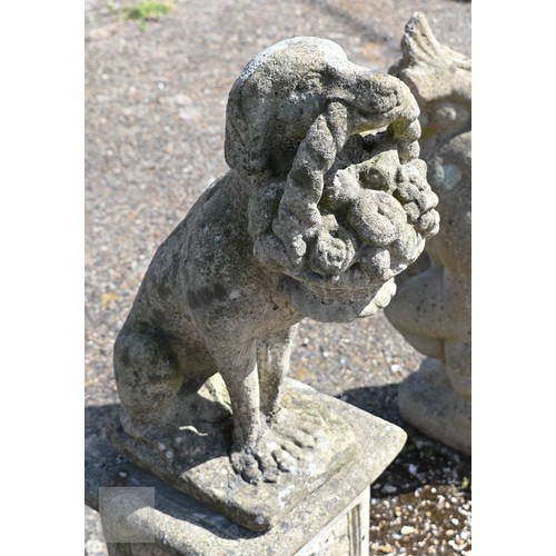 15 - A weathered cast stone garden statue on plinth - a hound bearing cornucopia basket, 96 cm h