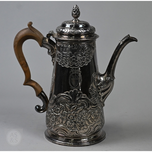 118 - A George II silver coffee pot of tapering form, the domed cover with pine-cone finial, scrolling fru... 