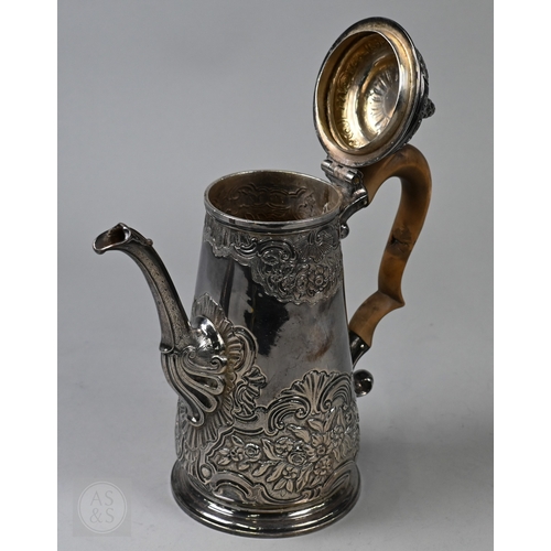 118 - A George II silver coffee pot of tapering form, the domed cover with pine-cone finial, scrolling fru... 