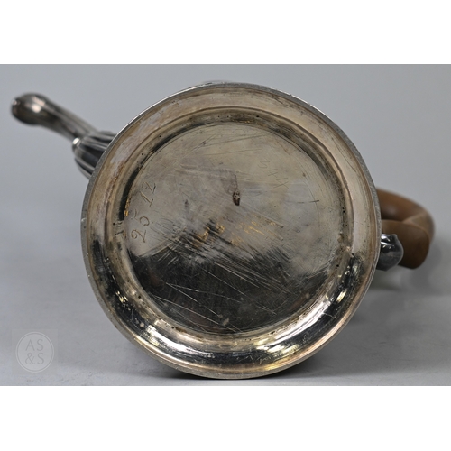 118 - A George II silver coffee pot of tapering form, the domed cover with pine-cone finial, scrolling fru... 