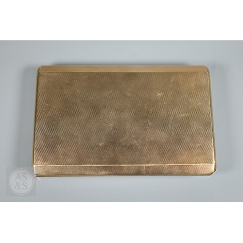 180 - An Art Deco 9ct yellow gold cigarette case of rectangular form, engine turned decoration, applied mo... 
