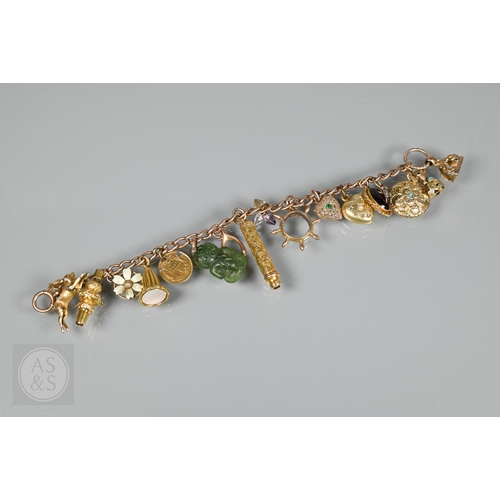 A rose gold curb bracelet with sixteen various charms attached, including running hare, whistle, enamel daisy, chalcedony set fob seal, coin, tikki, 9ct wishbone, propelling pencil, semi-precioius gems, diamond and emerald set heart-shaped locket, ship's wheel, diamond and pearl set heart-shaped locket engraved 'xmas 1894', cabochon garnet with diamond set fly, Victorian clasped hand pendant, fob, etc, approx 48g all in