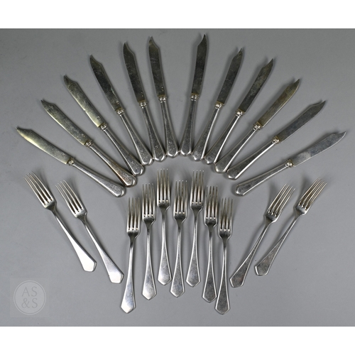 51 - A set of twelve Austro-Hungarian .800 grade dessert knives and eleven forks - the knives, with silve... 
