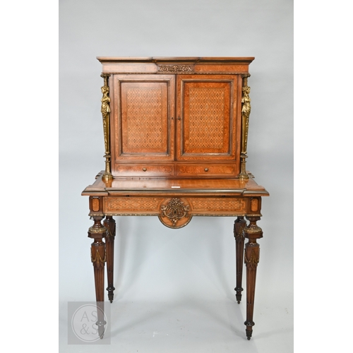 603 - A fine quality brass mounted inlaid satinwood and burr maple bonheur du jour cabinet, the pair of do...
