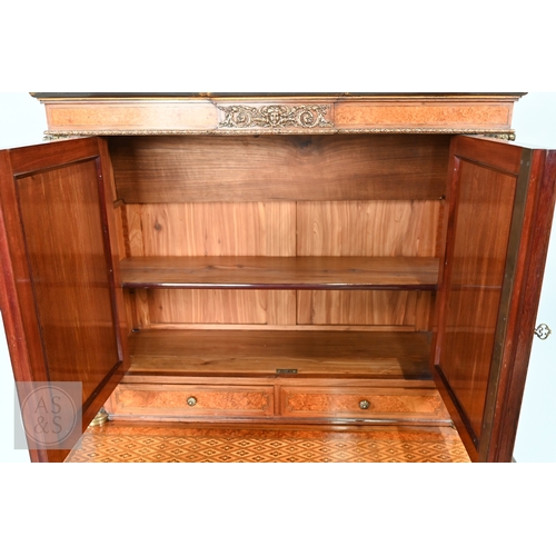 603 - A fine quality brass mounted inlaid satinwood and burr maple bonheur du jour cabinet, the pair of do... 