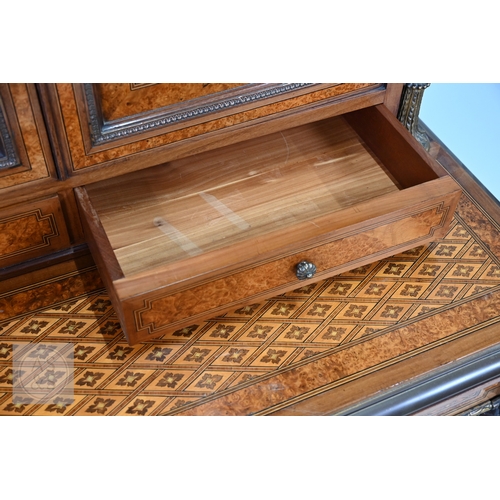 603 - A fine quality brass mounted inlaid satinwood and burr maple bonheur du jour cabinet, the pair of do... 