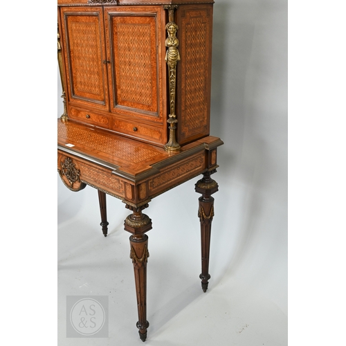 603 - A fine quality brass mounted inlaid satinwood and burr maple bonheur du jour cabinet, the pair of do... 