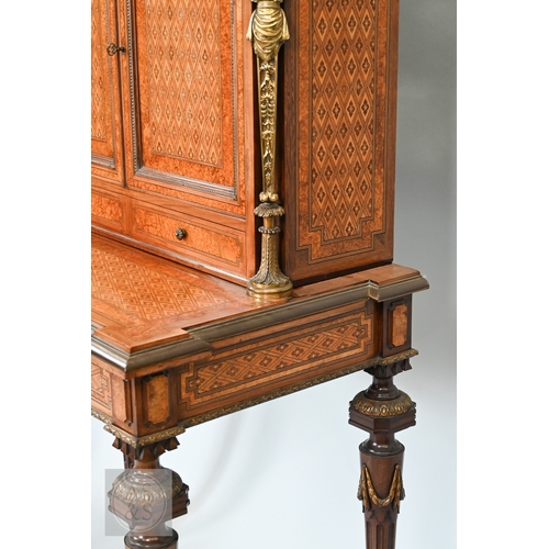 603 - A fine quality brass mounted inlaid satinwood and burr maple bonheur du jour cabinet, the pair of do... 