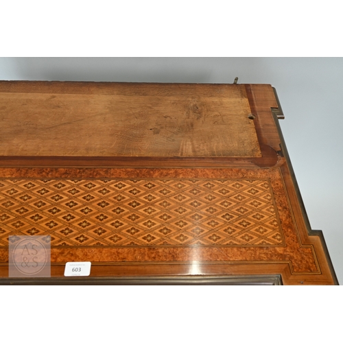 603 - A fine quality brass mounted inlaid satinwood and burr maple bonheur du jour cabinet, the pair of do... 