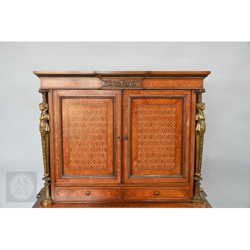603 - A fine quality brass mounted inlaid satinwood and burr maple bonheur du jour cabinet, the pair of do... 
