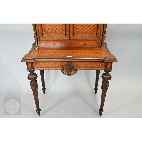 603 - A fine quality brass mounted inlaid satinwood and burr maple bonheur du jour cabinet, the pair of do... 