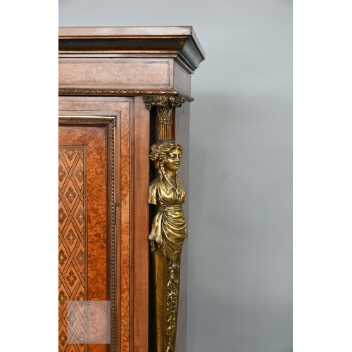 603 - A fine quality brass mounted inlaid satinwood and burr maple bonheur du jour cabinet, the pair of do... 