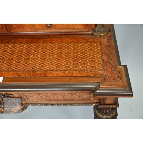 603 - A fine quality brass mounted inlaid satinwood and burr maple bonheur du jour cabinet, the pair of do... 