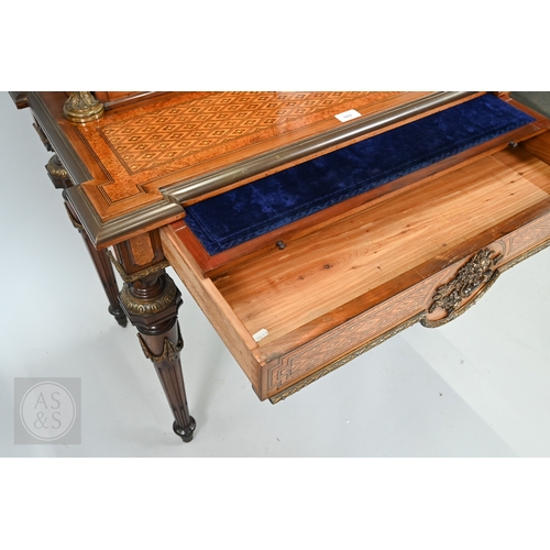 603 - A fine quality brass mounted inlaid satinwood and burr maple bonheur du jour cabinet, the pair of do... 