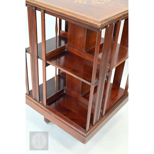 627 - A boxwood inlaid satinwood revolving bookcase, on castors, 51 cm x 51 cm x 82 cm h