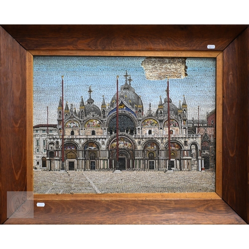 677 - A mounted and oak framed fine micro-mosaic of the Basilica, St Marks Square, Venice, the image 56 cm...