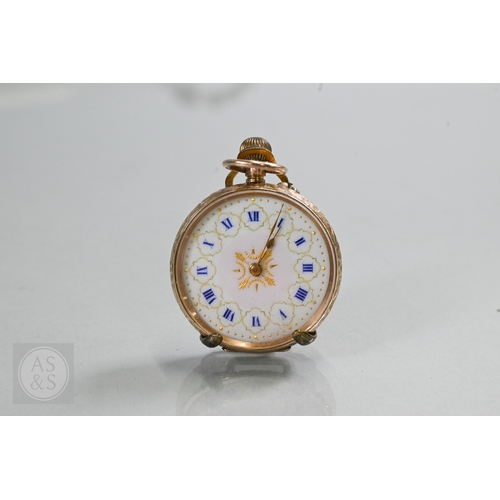 140 - A lady's 9ct gold fob watch, keyless wind, the white dial with gilt and blue Roman numerals, 31 mm d... 