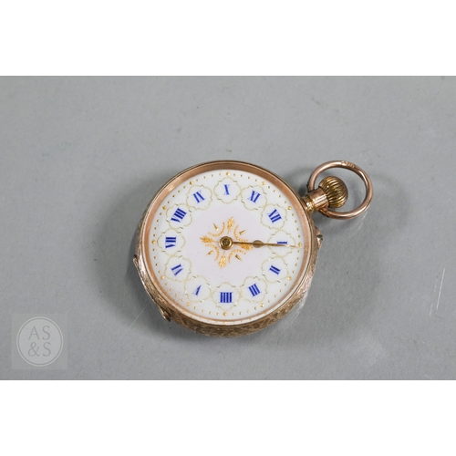 140 - A lady's 9ct gold fob watch, keyless wind, the white dial with gilt and blue Roman numerals, 31 mm d... 