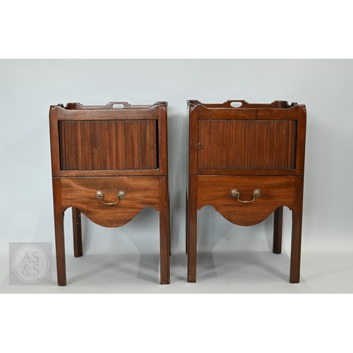 646 - A pair of George III mahogany tray top step commodes, with opposing tambour doors over green skiver ... 