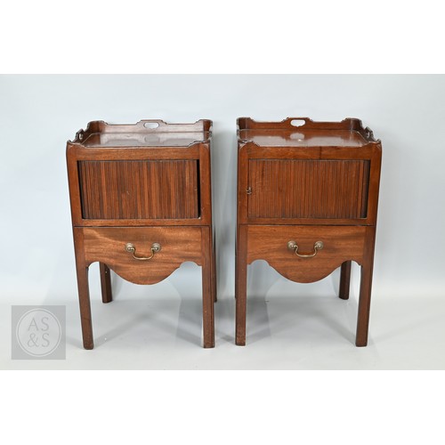 646 - A pair of George III mahogany tray top step commodes, with opposing tambour doors over green skiver ... 