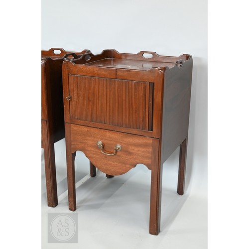 646 - A pair of George III mahogany tray top step commodes, with opposing tambour doors over green skiver ... 